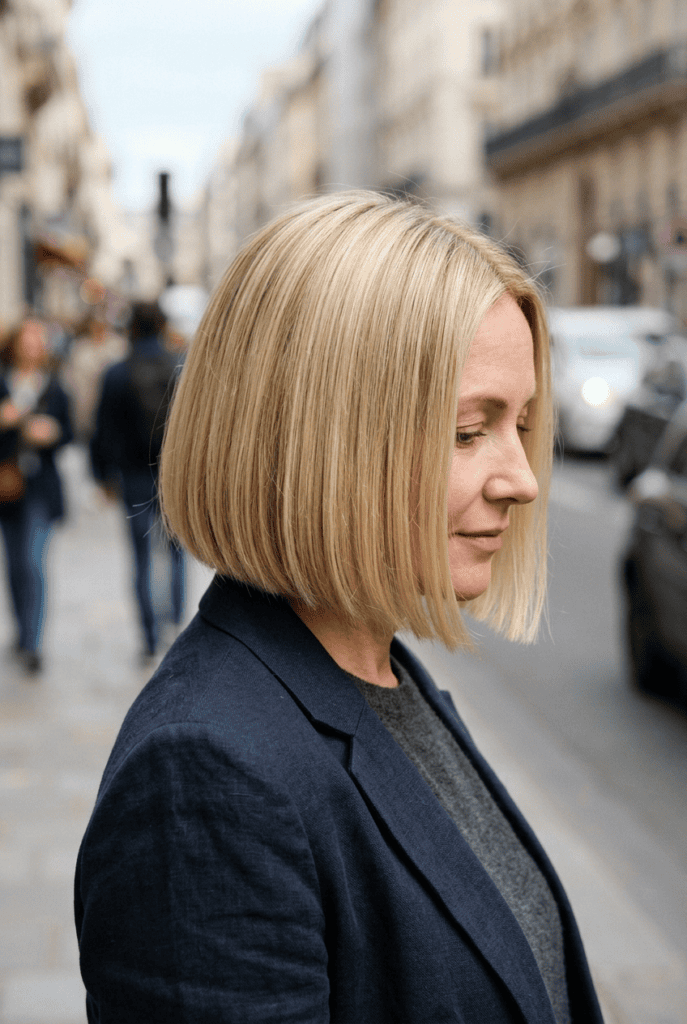Woman with a glass hair blunt bob haircut with mirror shine