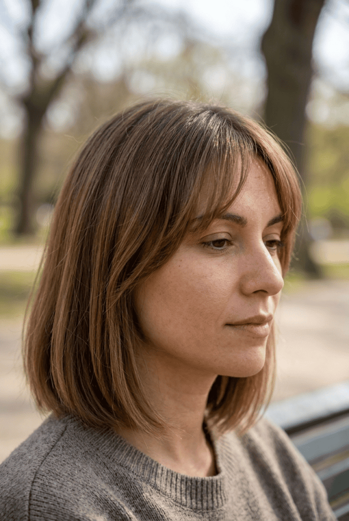 Woman with a bob haircut and center parted curtain bangs