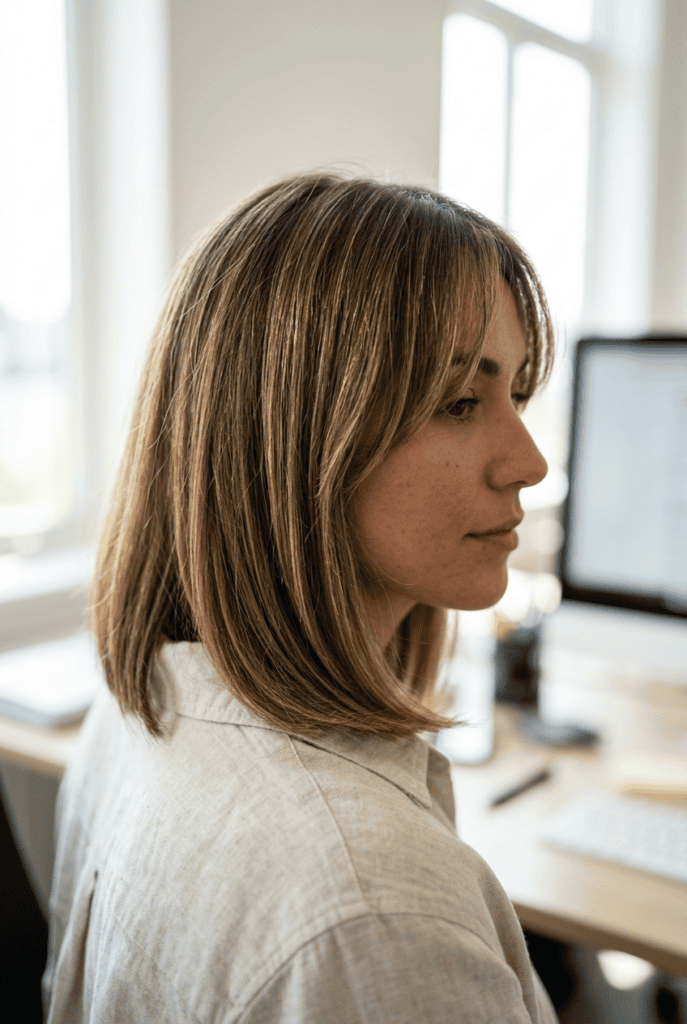 Woman with a long bob and soft curtain bangs