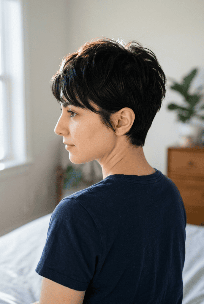 The Daily Five-Minute Routine Woman finger styling French pixie fringe showing pinched texture and lifted crown volume