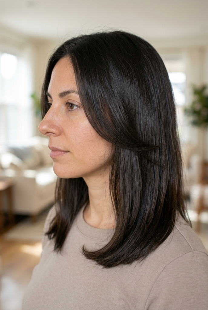 Woman with face framing lob and layers below the chin
