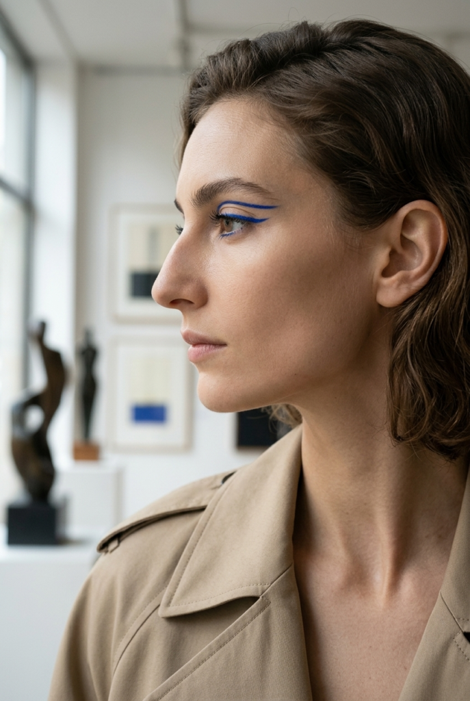 Woman with a cobalt floating liner eye look in side profile in an art gallery wearing a structured trench coat