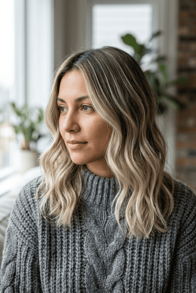 Woman with soft freehand sweep balayage highlights fading from roots to ends
