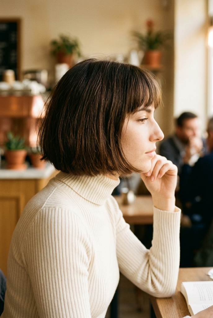 The French Bob A woman with a chin length French bob and soft blunt bangs wearing a ribbed knit sweater in a coffee shop