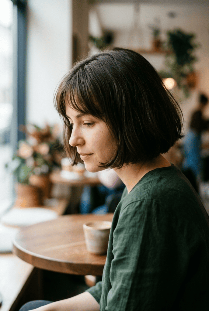 Woman with a soft French bob haircut and wispy fringe