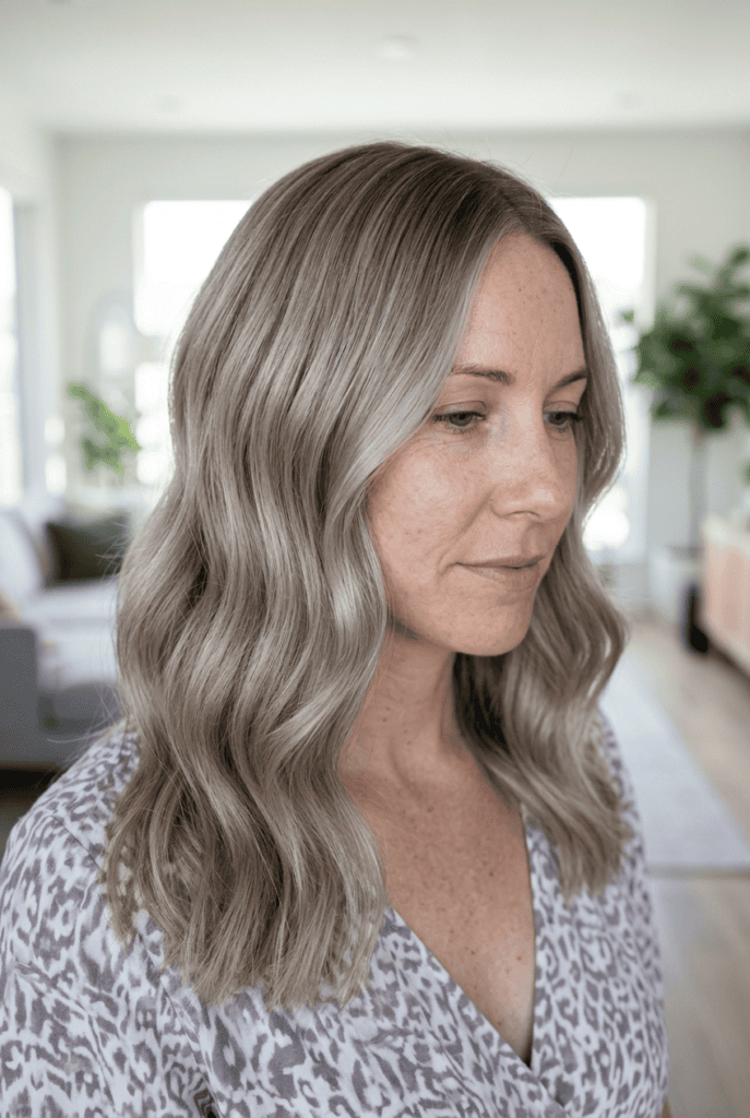 Woman with glossy ash toned balayage and shiny cool finish