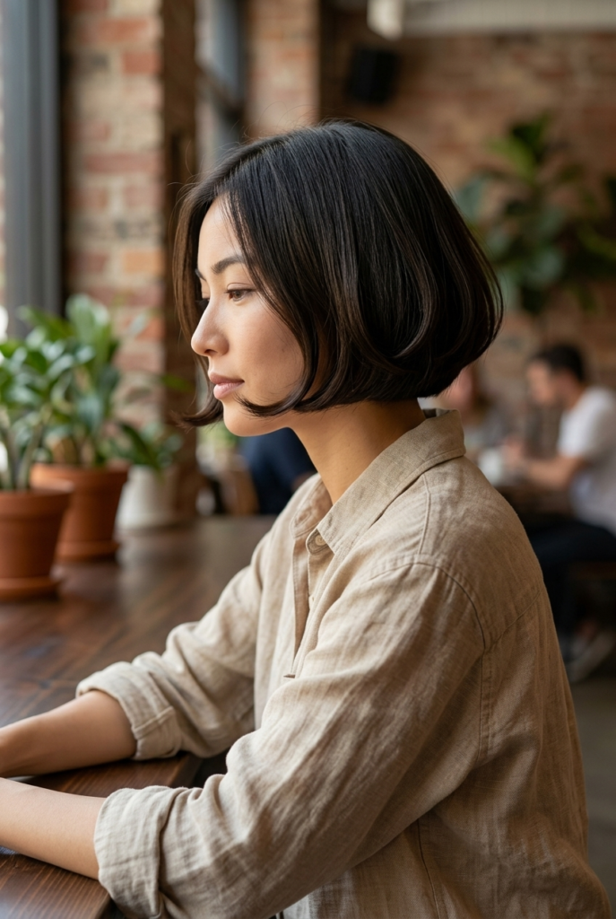 A woman in side profile wearing a chin length hook bob with dramatically curved inward ends in a blurred boutique coffee shop