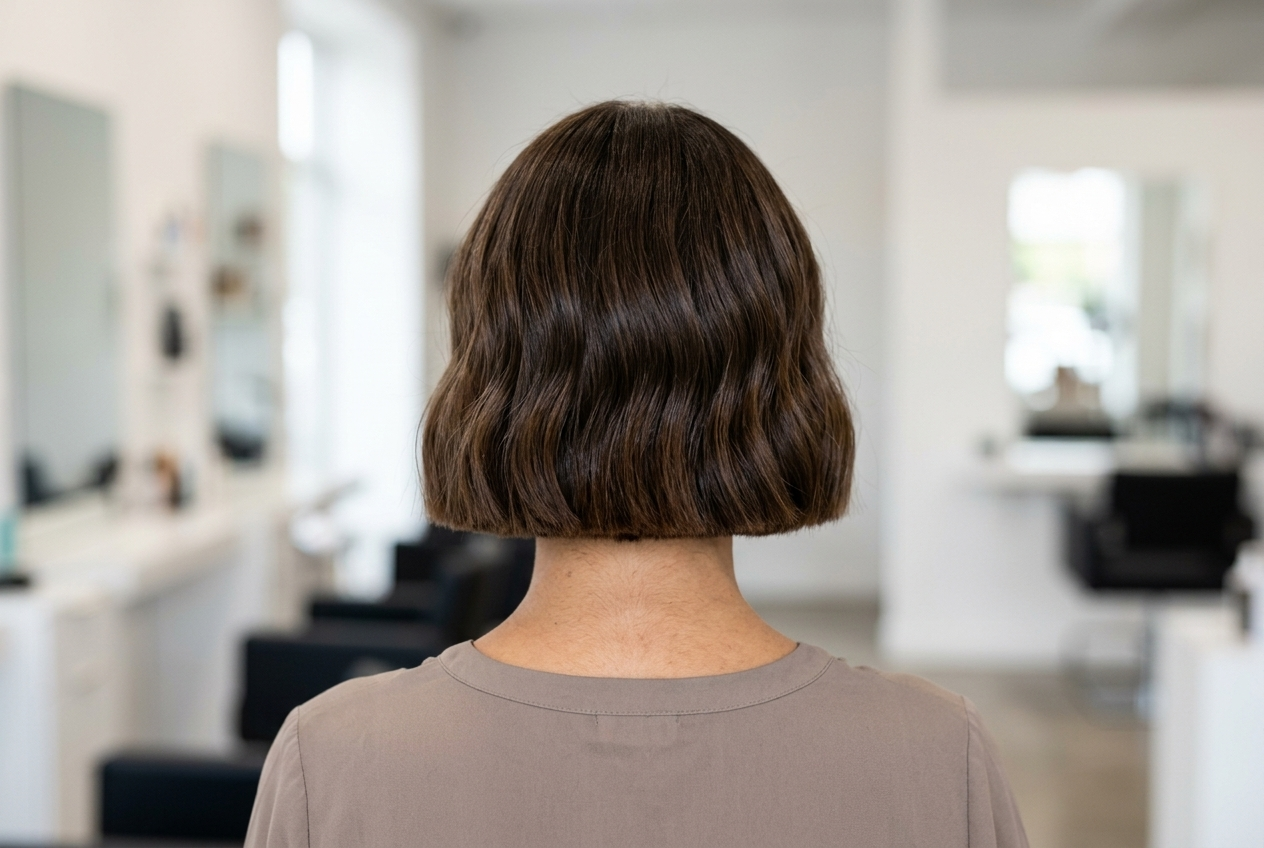 Woman with sleek chin length blunt bob haircut in a salon