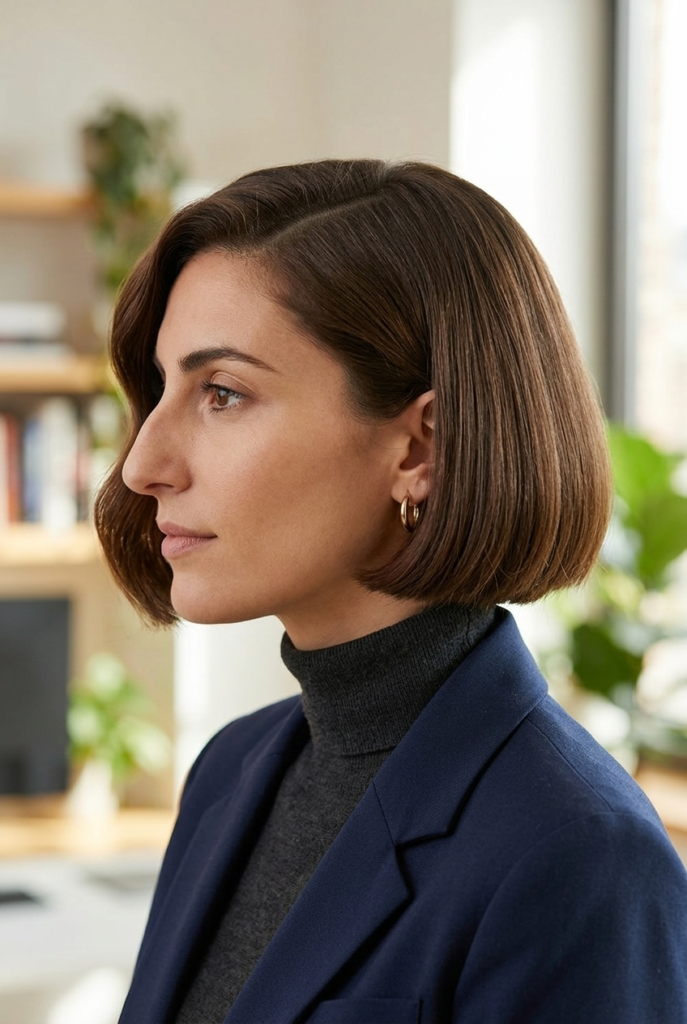 A woman in side profile wearing an elegant Italian bob with blunt ends and a deep side part in a blurred office setting
