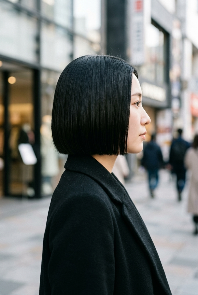 The Japanese Bob Woman with sleek precise Japanese bob haircut at jawline