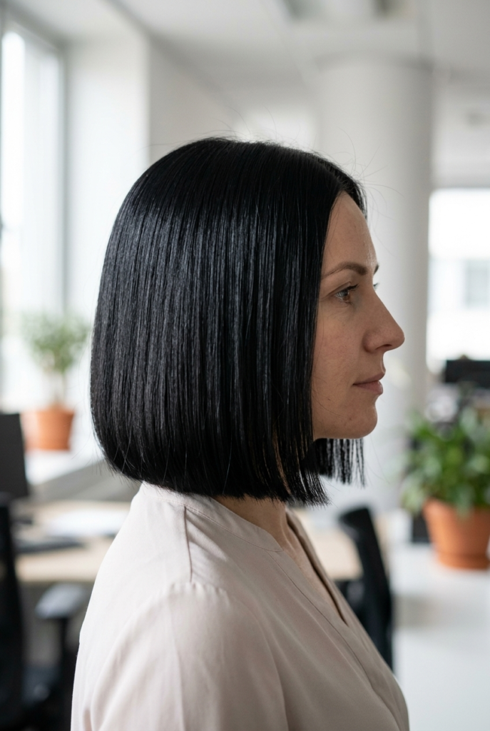 Woman with sharp jaw length laser bob haircut