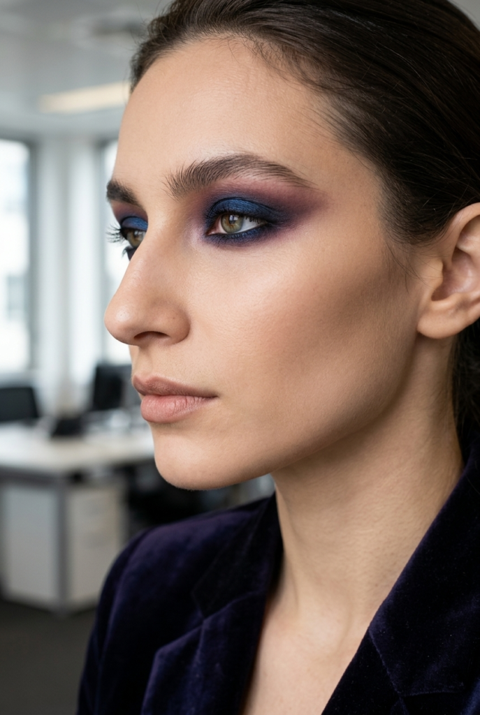 Woman with a deep jewel toned plum smoky eye in side profile in an office wearing a velvet blazer