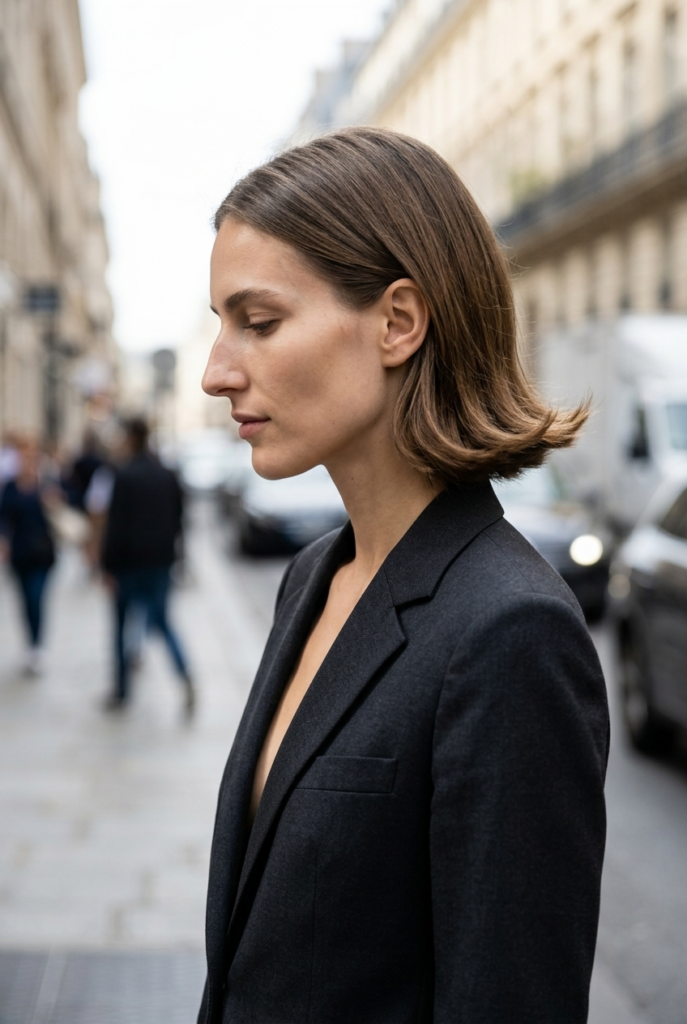 The Kicktail Bob A woman with a kicktail bob with flicked out ends wearing a tailored blazer on a city street