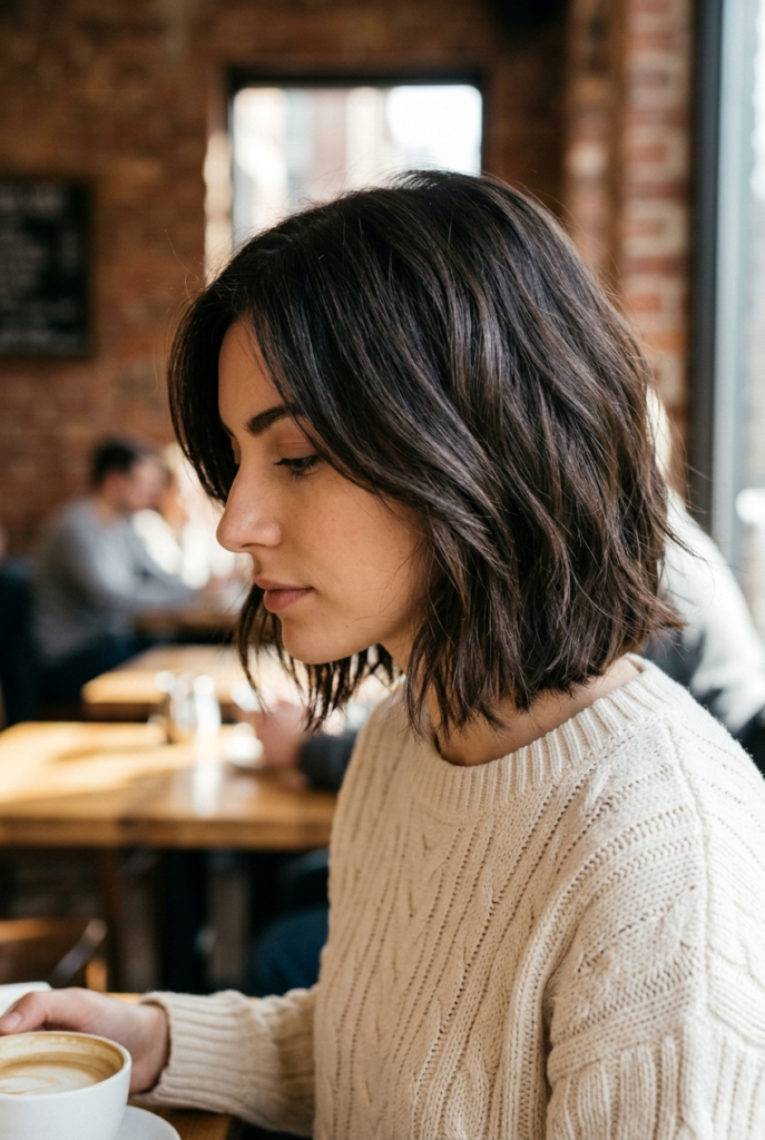The Layered Lob with Diagonal Face-Framing Woman with a layered lob haircut showing diagonal face framing layers and soft wavy texture