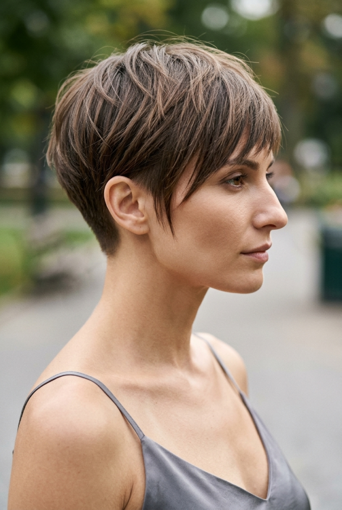 The Layered Pixie Bob A woman with a wispy layered pixie bob and side swept bangs wearing a silk camisole top in a park