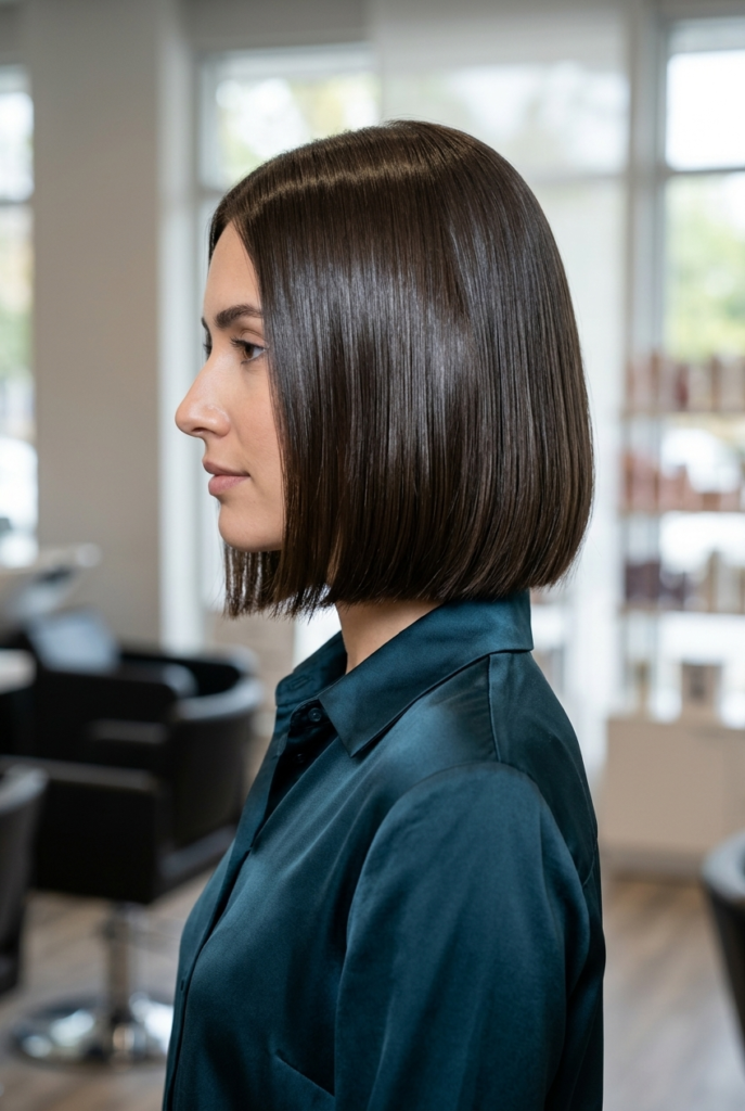 A woman in side profile wearing a glossy mirror flat liquid bob haircut in a blurred hair salon setting