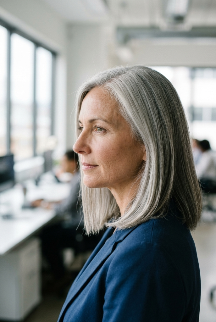 Woman with silver lob haircut ending at the collarbone