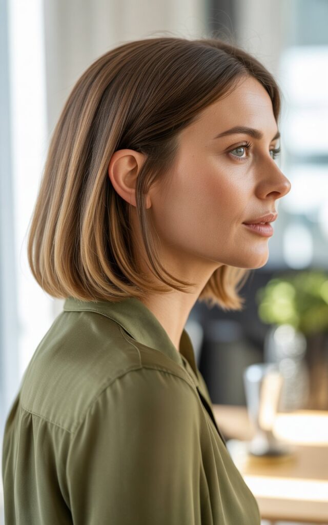 A professional woman in her late 30s shown in side profile, with a perfectly executed long bob haircut