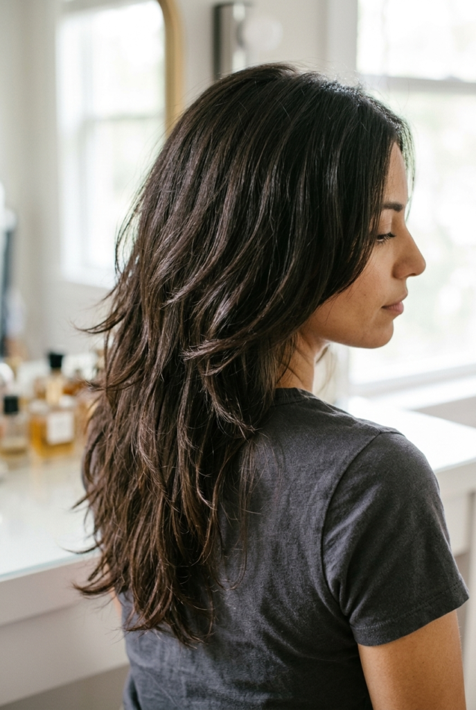 Woman with long layered shag showing choppy movement