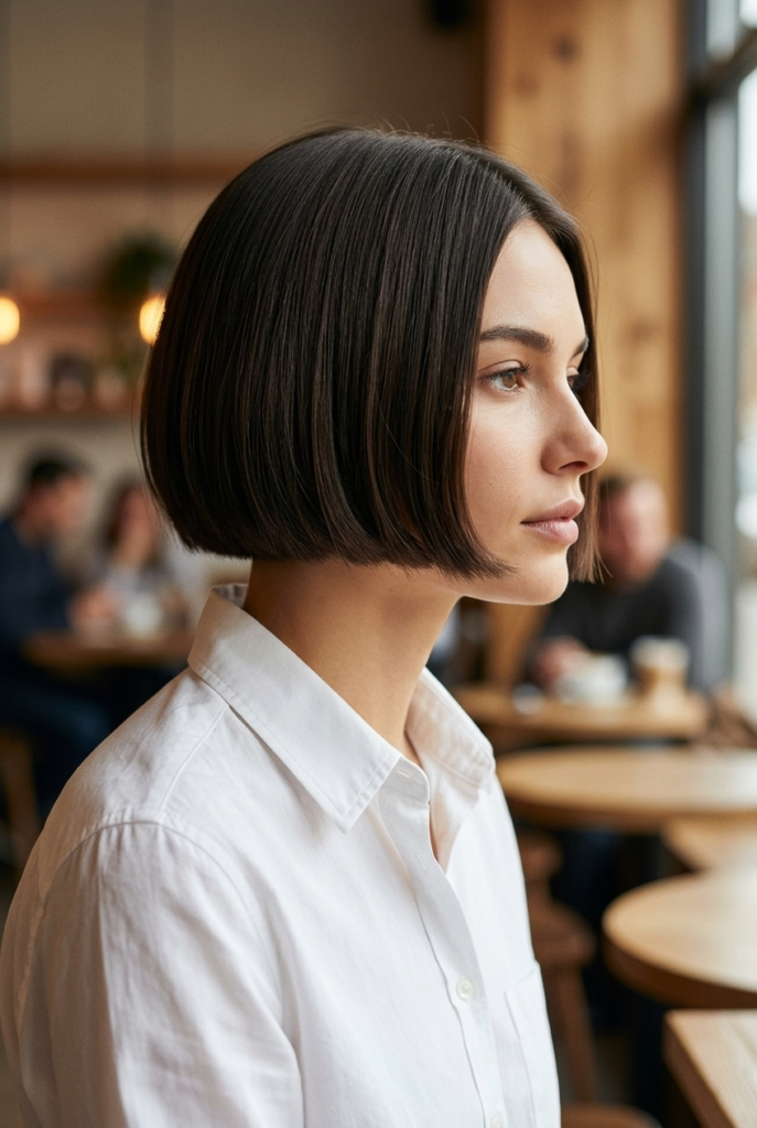 A woman in side profile wearing a bold micro bob haircut just below the cheekbone in a blurred coffee shop setting