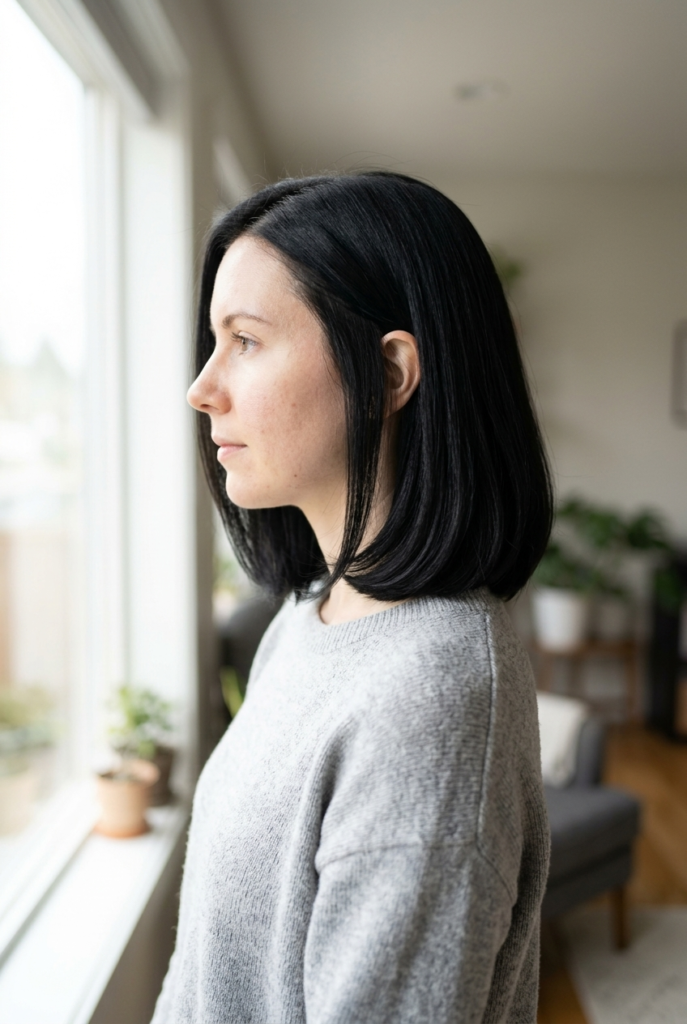 The Midi Bob Woman with midi length bob haircut tucked behind ear