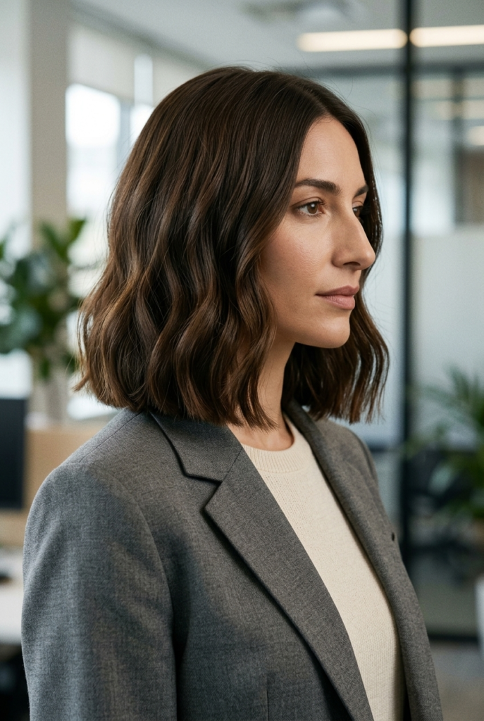 The Midi Cut Woman with a midi haircut at collarbone length showing soft natural waves and polished finish