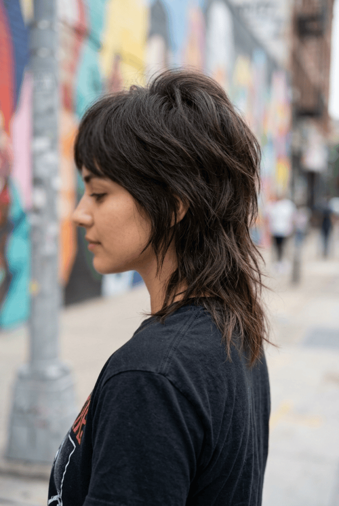 Woman with a modern wolf cut haircut showing crown volume