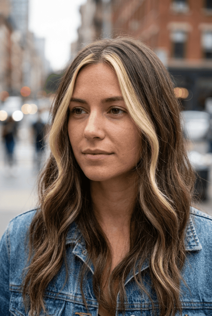 Woman with bright face framing money piece balayage highlights
