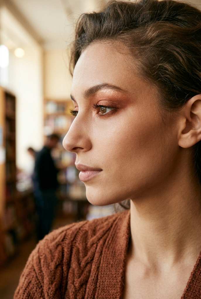 Woman with a warm copper monochromatic eye look in side profile in a bookstore wearing a knit cardigan
