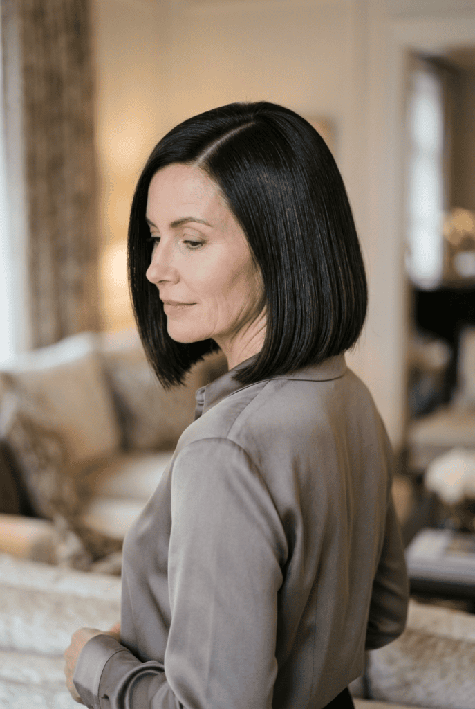 Woman with a sleek chin length bob and deep side part