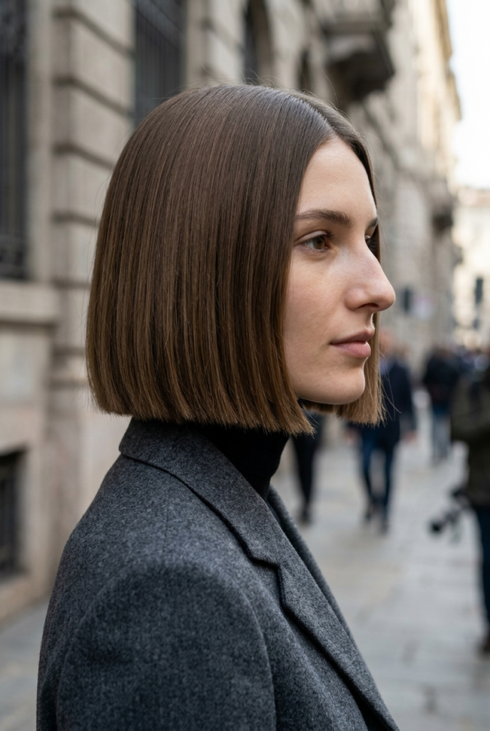 A woman in side profile wearing a precise architectural Prada bob at chin length with a center part on a blurred urban street