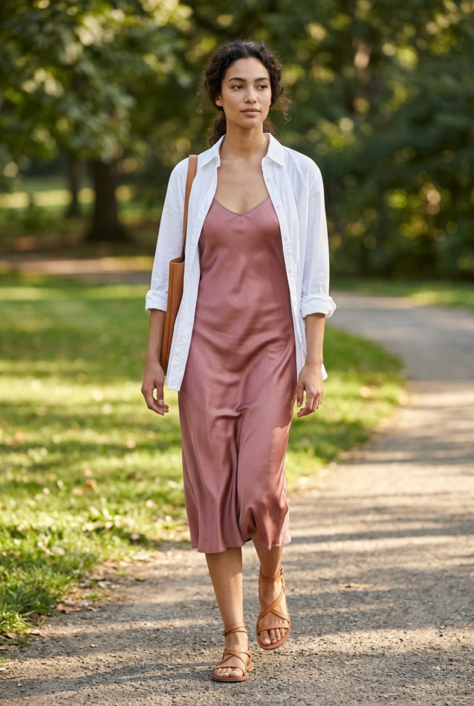 The Satin Slip Dress (Day Version) A woman wearing a dusty rose satin slip dress layered under an open white button down shirt in a sunlit park