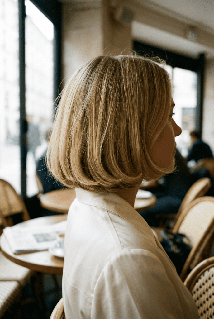 Woman with a short sculpted French bob haircut