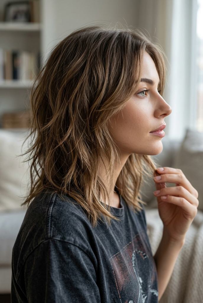 The Shag Cut with Choppy Layers Woman with a modern shag haircut showing soft choppy layers and piecey wavy texture