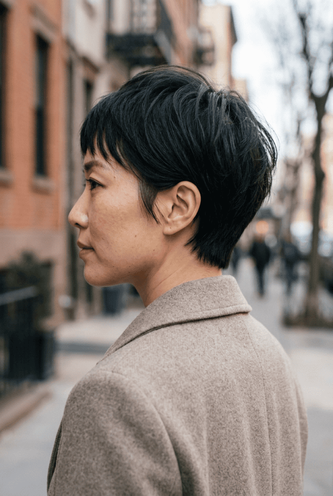 The Short Cut That Does the Most Work For You Woman with confident finished French pixie showing polished undone texture and volume