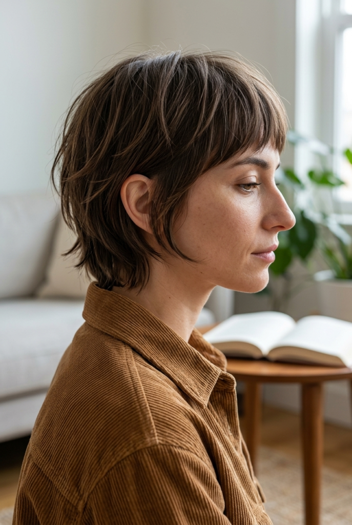 The Short Shag A woman with a short modern shag haircut with choppy layers and a soft fringe wearing a corduroy overshirt at home