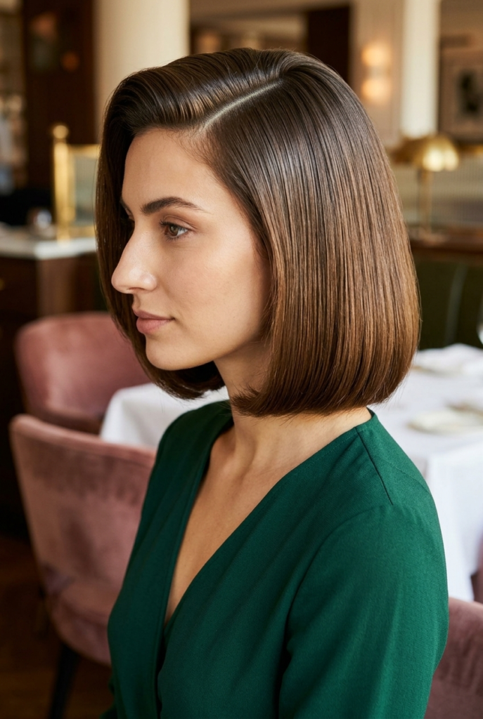 A woman in side profile wearing a sleek side part bob with a deep dramatic part and polished glossy finish in a blurred restaurant interior