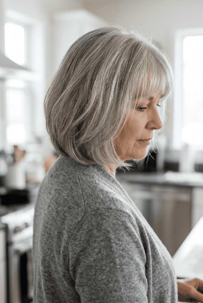 Mature woman with a rounded silver gray bob haircut