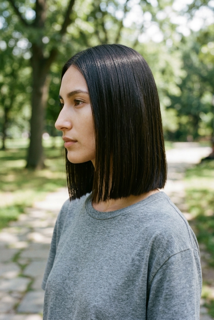 A woman in side profile wearing a sleek skinny lob haircut at the collarbone with blunt ends in a blurred park setting