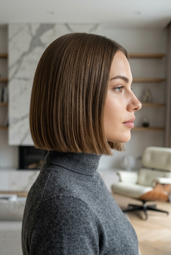 A woman in side profile wearing a precision sliced bob with ultra flat sharp ends styled sleek in a blurred modern home interior