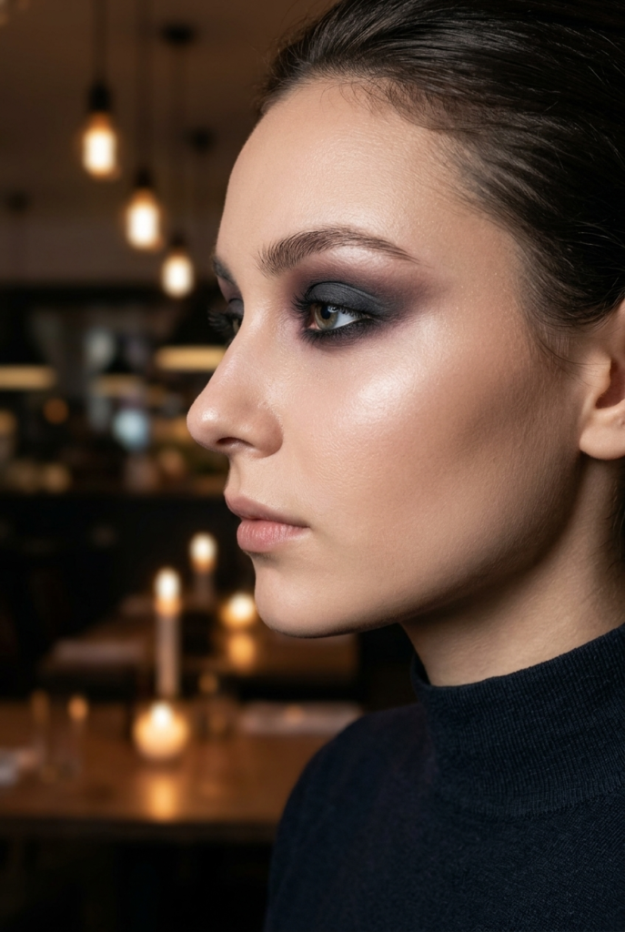 Woman with a soft goth charcoal smoky eye in side profile in a restaurant wearing a mock neck top