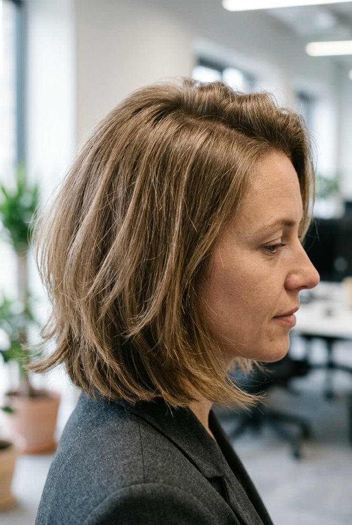 Woman with soft layered bob showing lift and movement