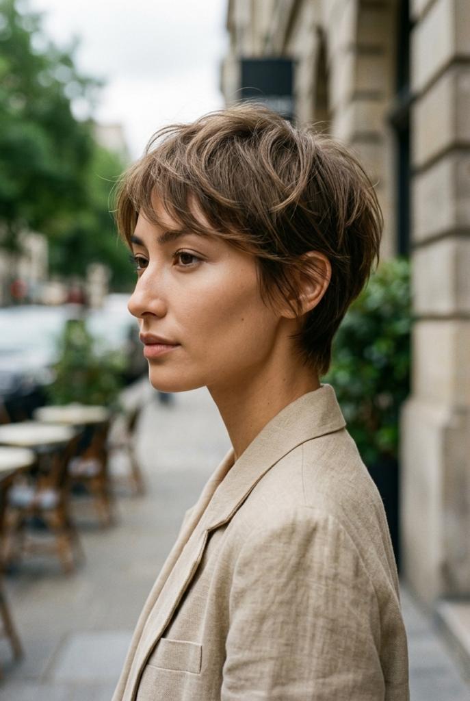 The Soft Pixie A woman with a soft airy pixie haircut wearing a relaxed linen jacket on a street