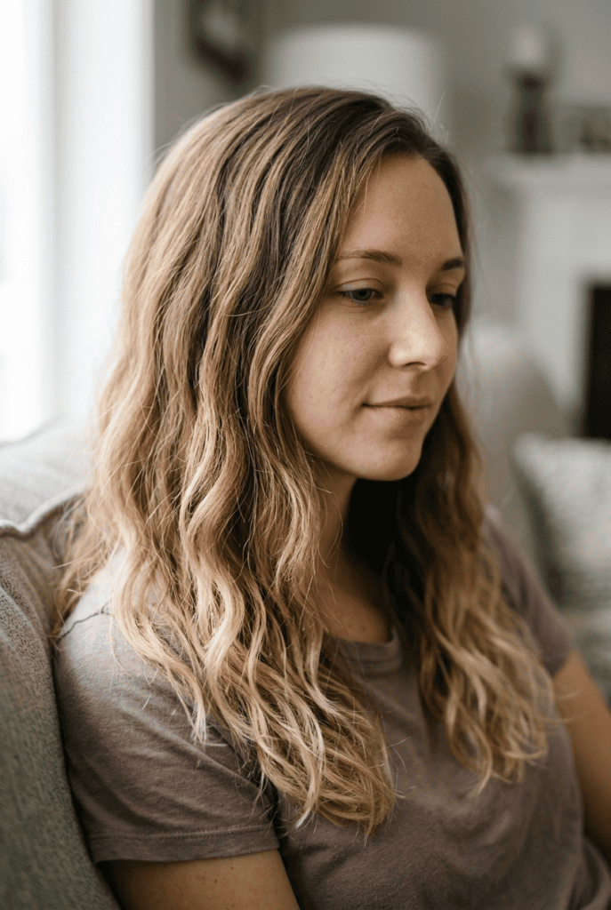 Woman with soft dappled balayage ends from a sponge dabbing technique