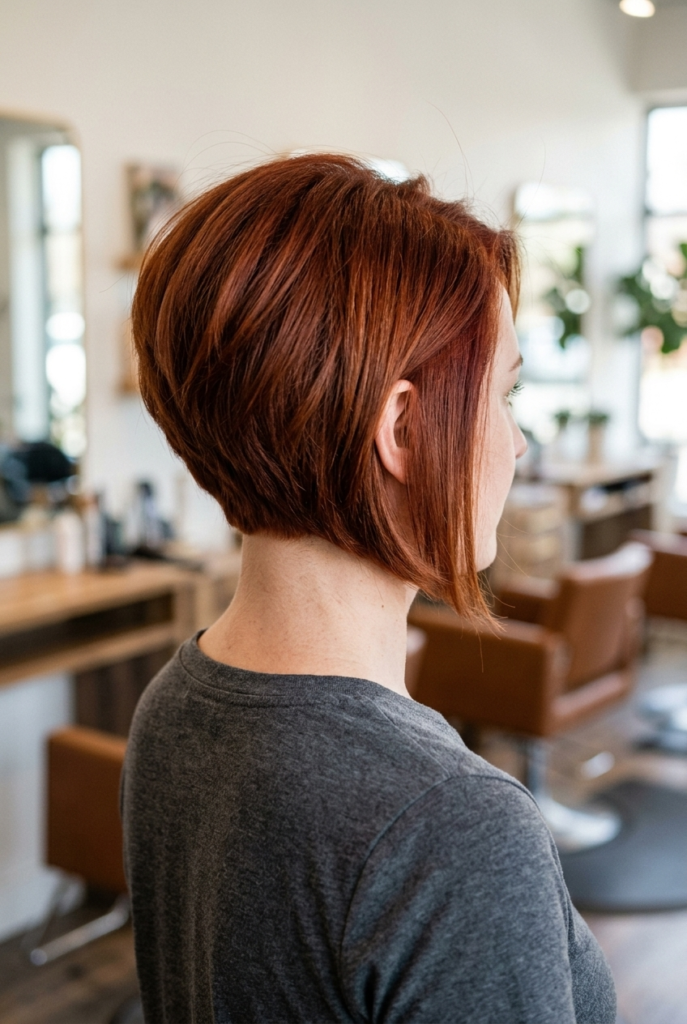 The Stacked Angled Bob Woman with stacked angled bob haircut shorter in back