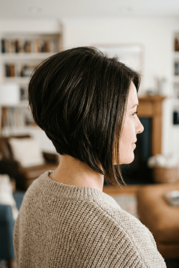 Woman with a stacked bob haircut showing graduated back layers