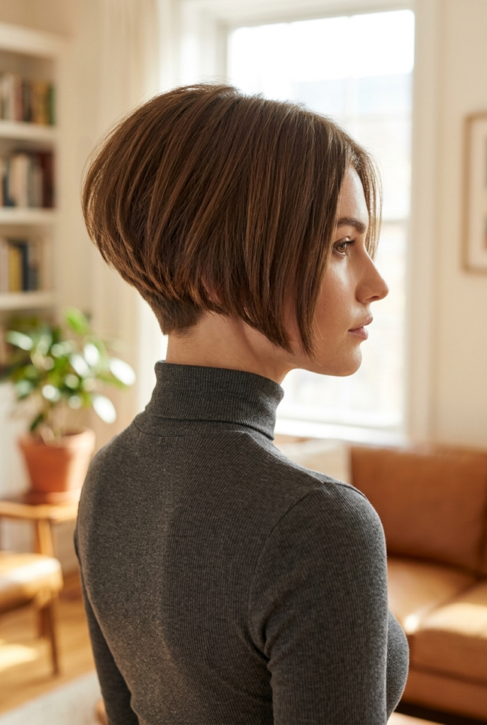 The Stacked Bob A woman with a stacked bob showing the rounded lifted shape at the back wearing a fitted turtleneck in a home interior