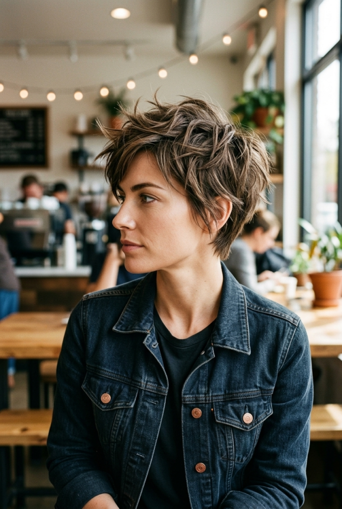 The Textured Pixie A woman with a choppy textured pixie haircut wearing a denim jacket in a coffee shop