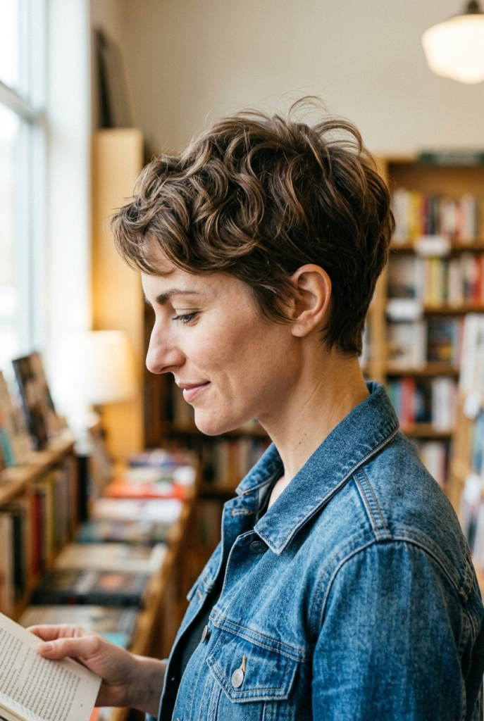 The Textured Pixie Woman with a textured pixie haircut showing wispy lifted crown and soft wavy texture at the temples