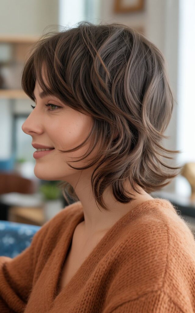 A relaxed, stylish woman in her early 30s shown in side profile, with a fully realized textured shag haircut